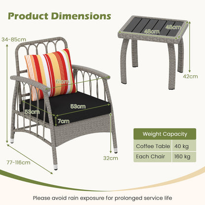 3 Pieces Patio PE Wicker Furniture Set with 5-Level Adjustable Backrest