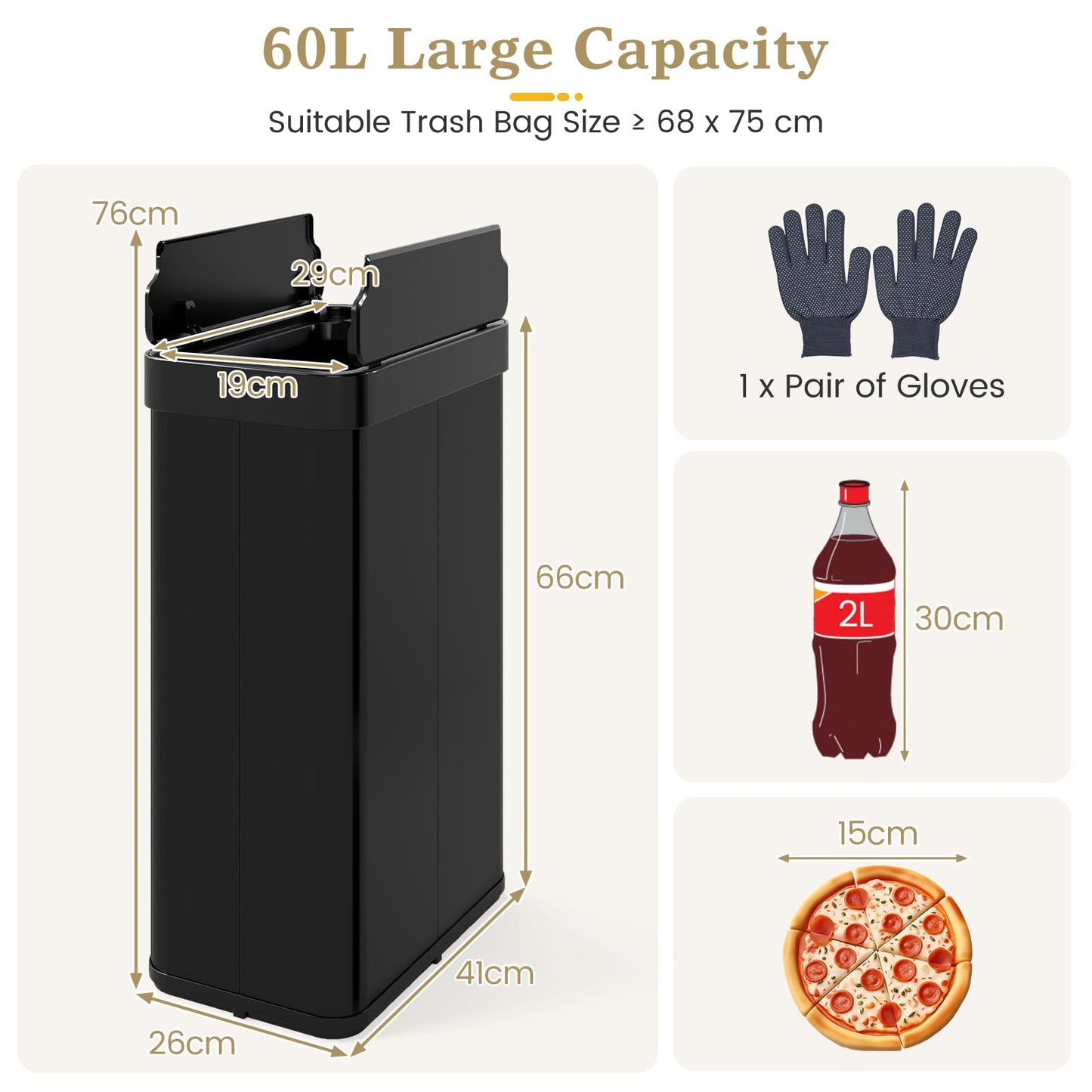60L Automatic Kitchen Bin, Touchless Infrared Motion Sensor Waste Bin with Soft Closure Lid