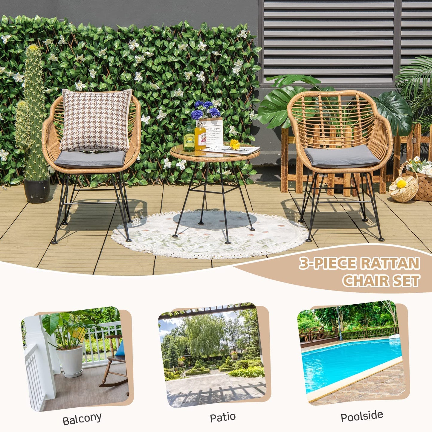 String Patio Bistro Set with Tempered Glass Table and 2 Chairs
