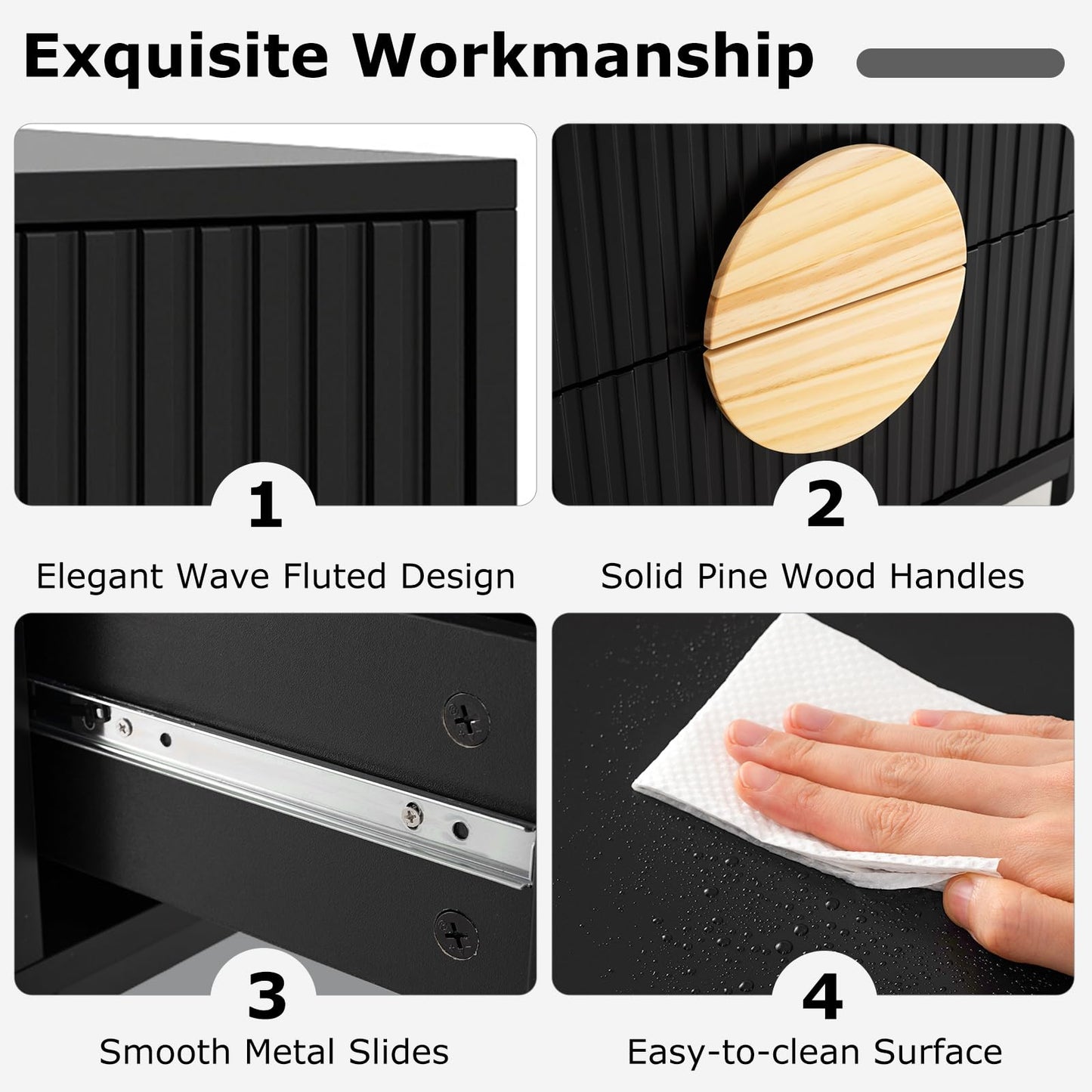 Fluted Nightstand Modern Mid Century Side Table