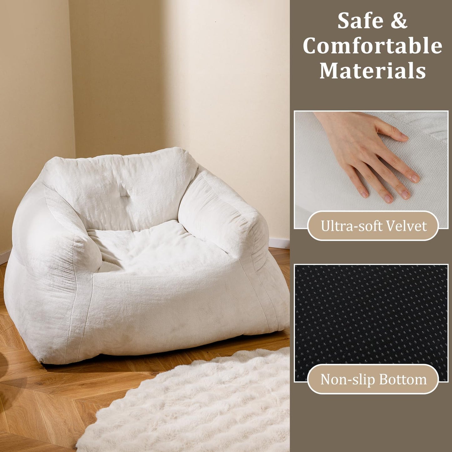 Bean Bag Chair with Velvet Cover and Non-slip Bottom for Bedroom