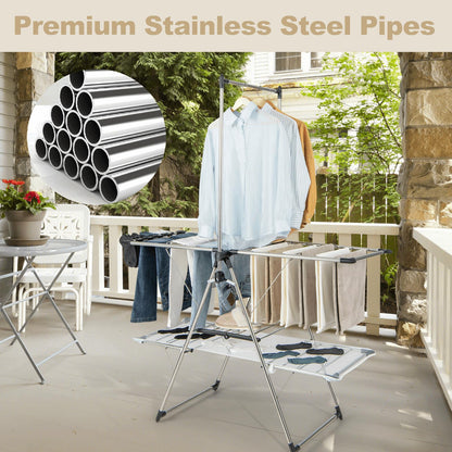 2-Tier Foldable Laundry Drying Rack with Tall Hanging Bar