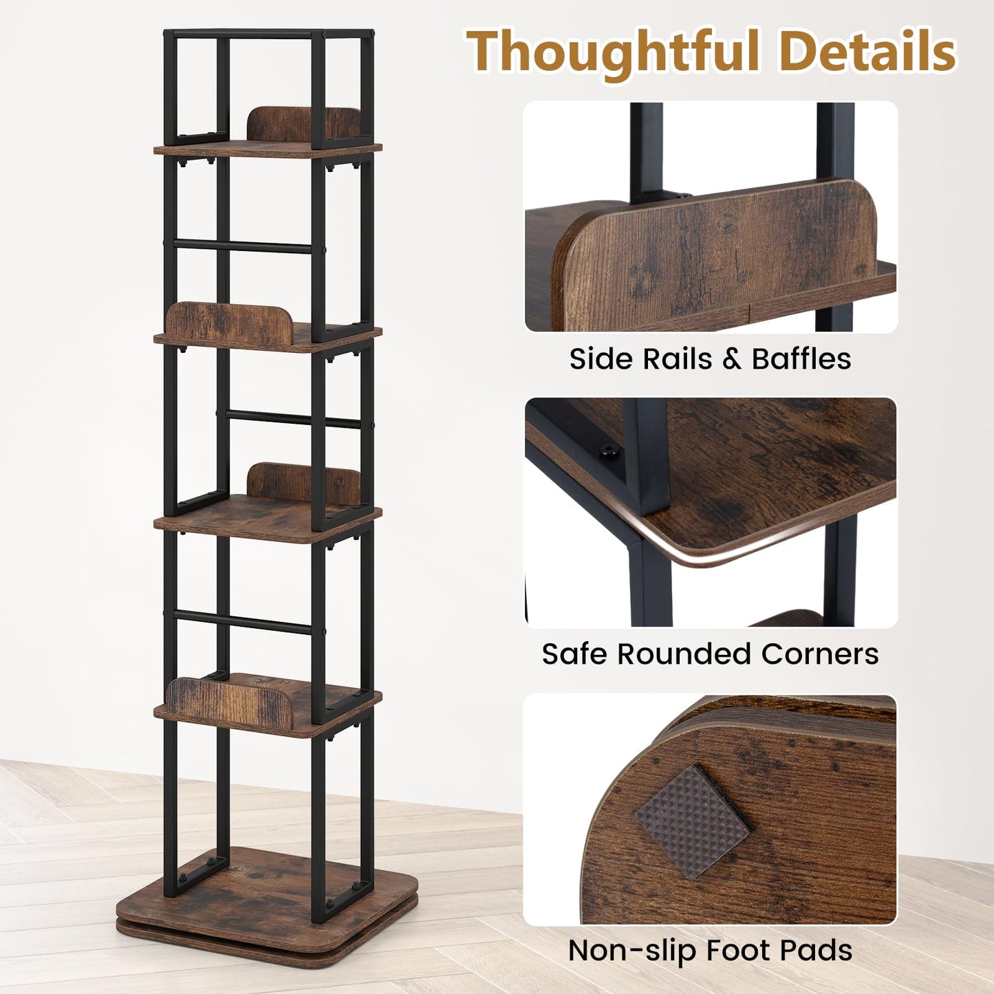 5-Tier Rotating Bookshelf Tower with 360° Spin & Side Rails for Small Spaces