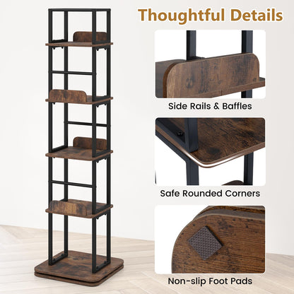 5-Tier Rotating Bookshelf Tower with 360° Spin & Side Rails for Small Spaces