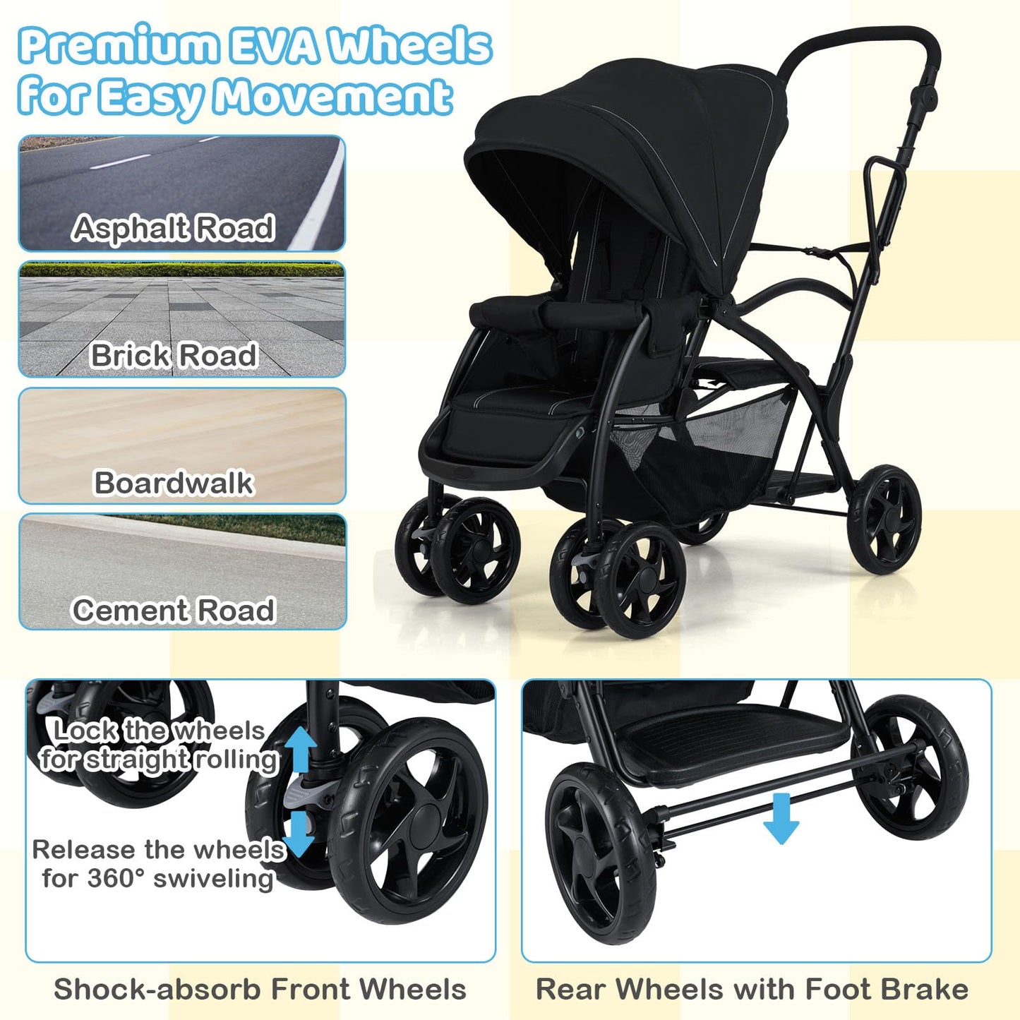 Sit and Stand Stroller, Double Baby Pushchair with Adjustable Canopy