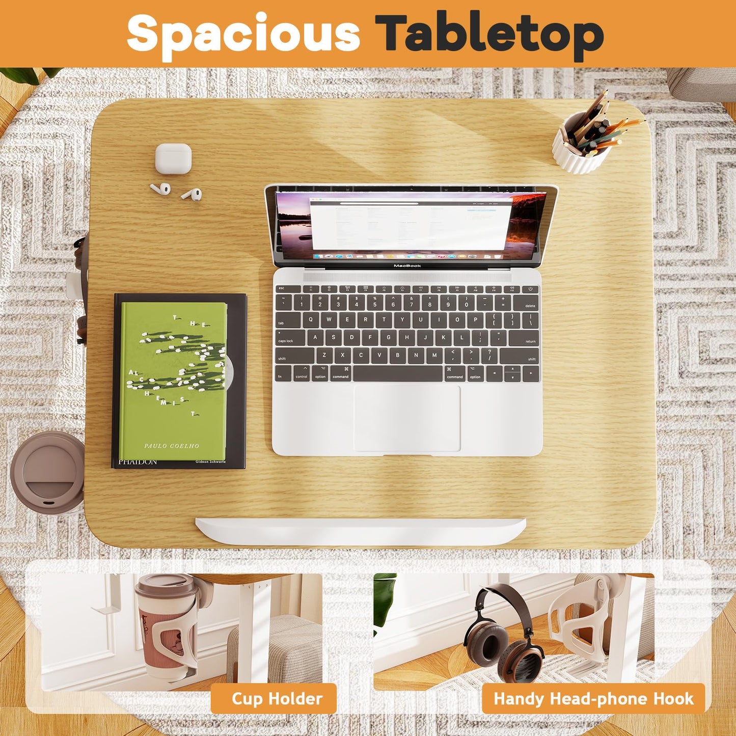 Foldable Mobile Standing Desk Portable Computer Workstation with Hook and Cup Holder