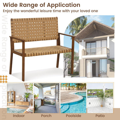 Outdoor All Weather Bench with Solid Rubber Wood Frame and Hand Woven PU Leather