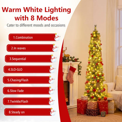 6/7 FT Pre-Lit Pencil Artificial Christmas Tree, Slim Xmas Tree with Branch Tips and LED Lights