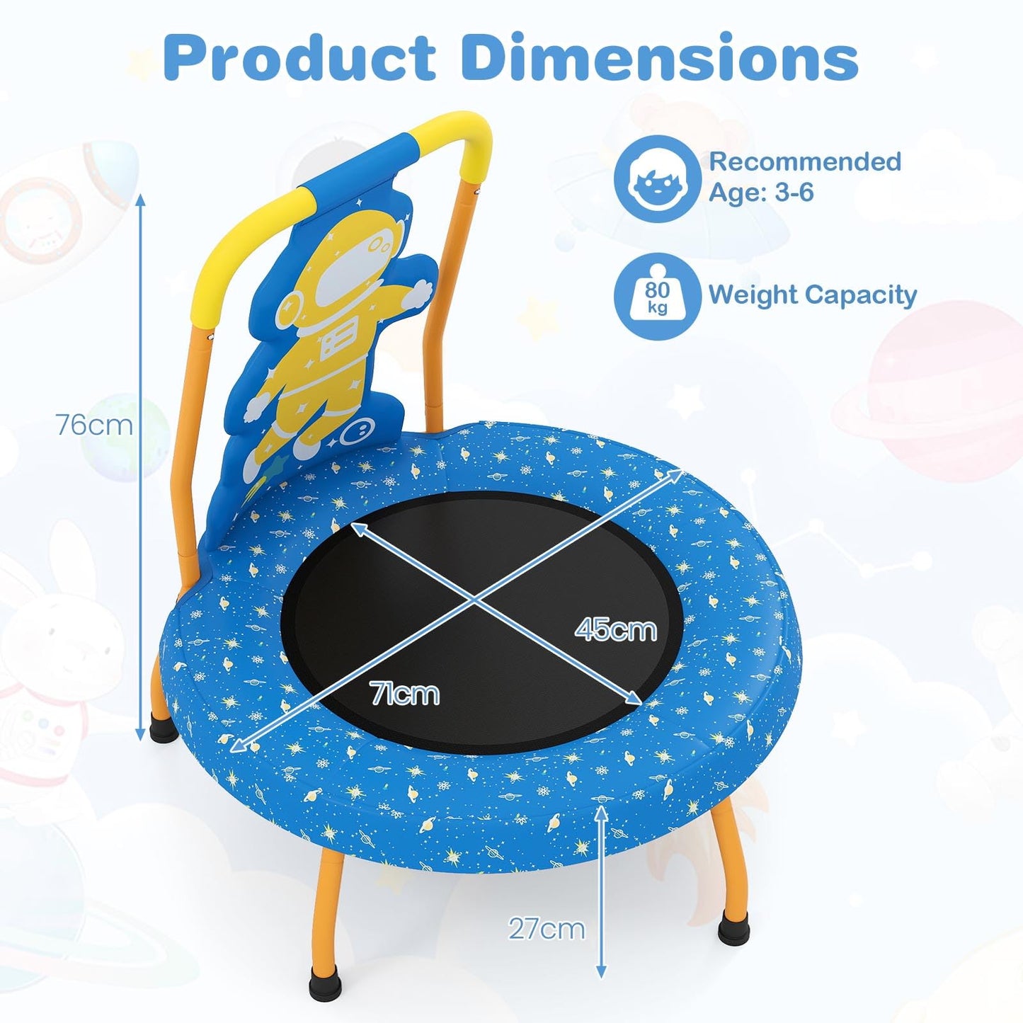 EN71 Certified Cute Children Trampoline with Foam Padded Handle