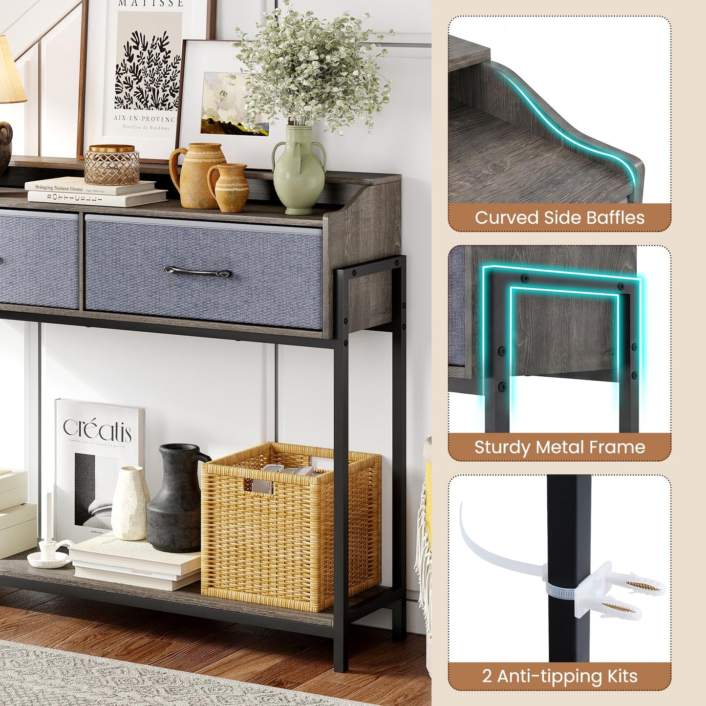 Console Table with Charging Station 110cm Entryway Table with 2 Drawers