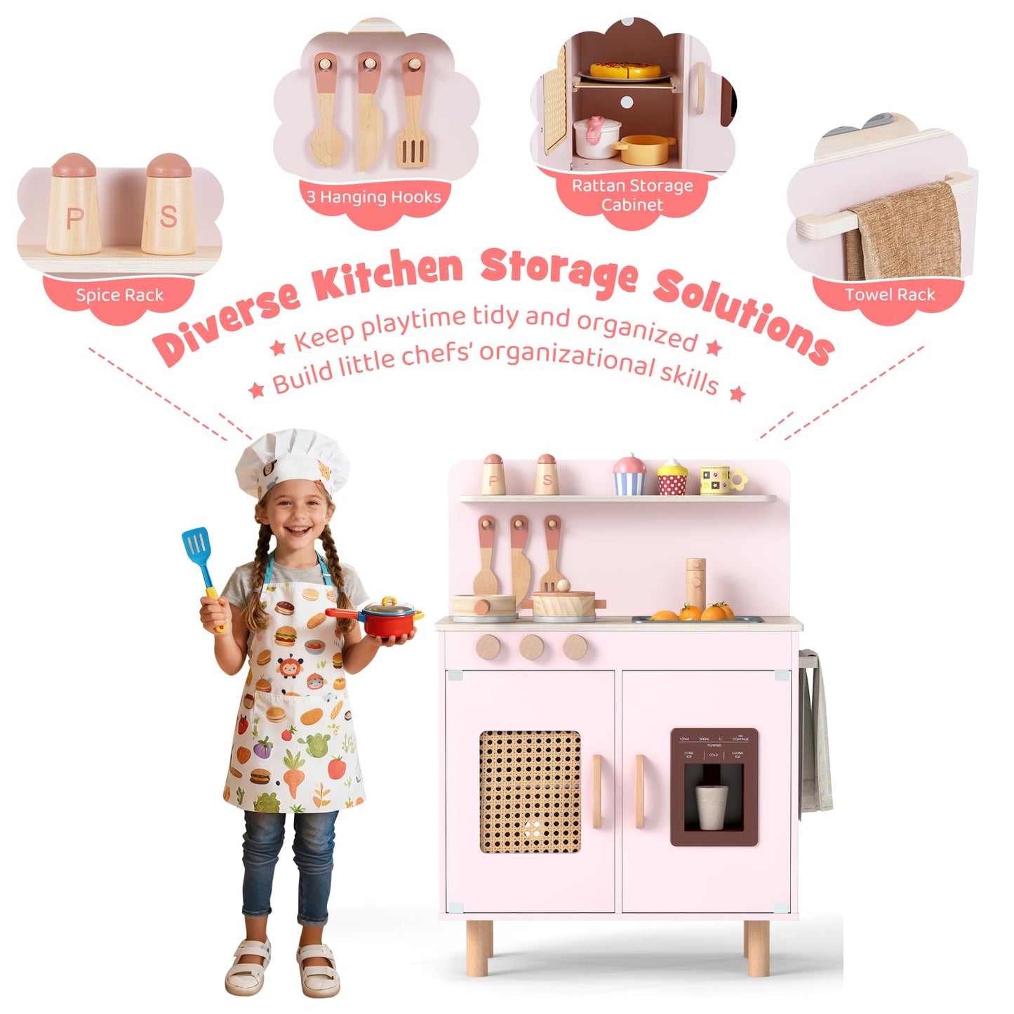 Play Kitchen for Kids with Realistic Ice Maker and Stove Cooking Toy Kitchen