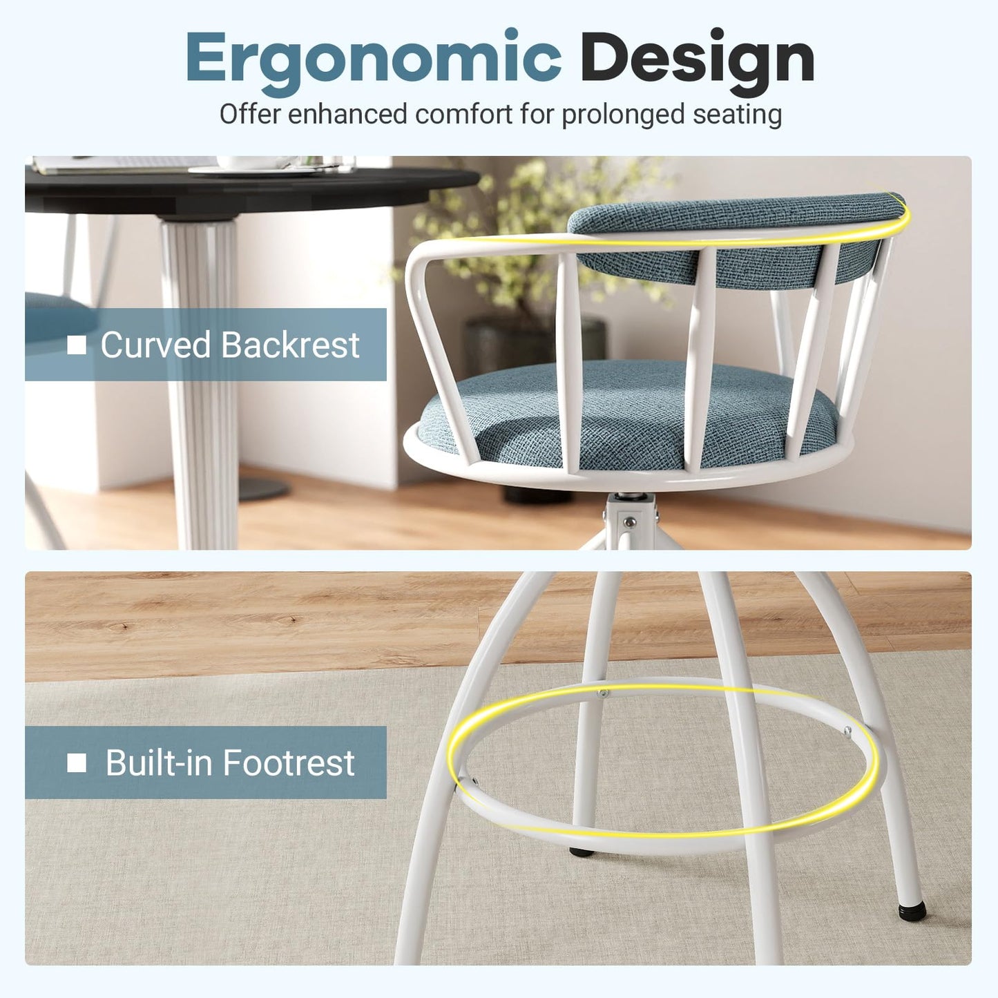 Counter Height Swivel Bar Stools Set of 2 Upholstered Barsools with Backrest