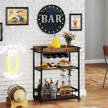 Home Bar Cart on Wheels Kitchen Serving Cart with Removable Tray