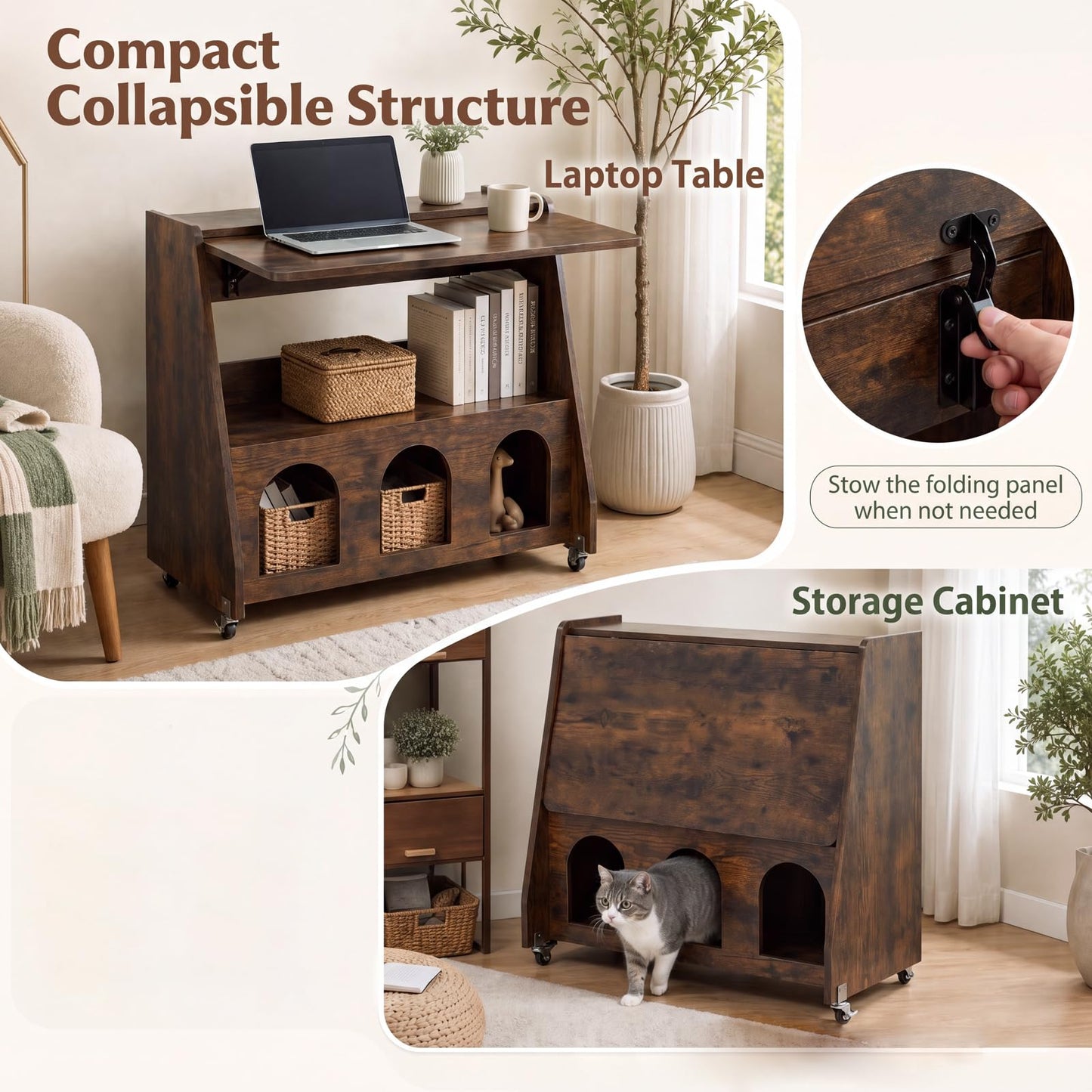 Folding Desk on Wheels, Convertible Drop Leaf Writing Desk