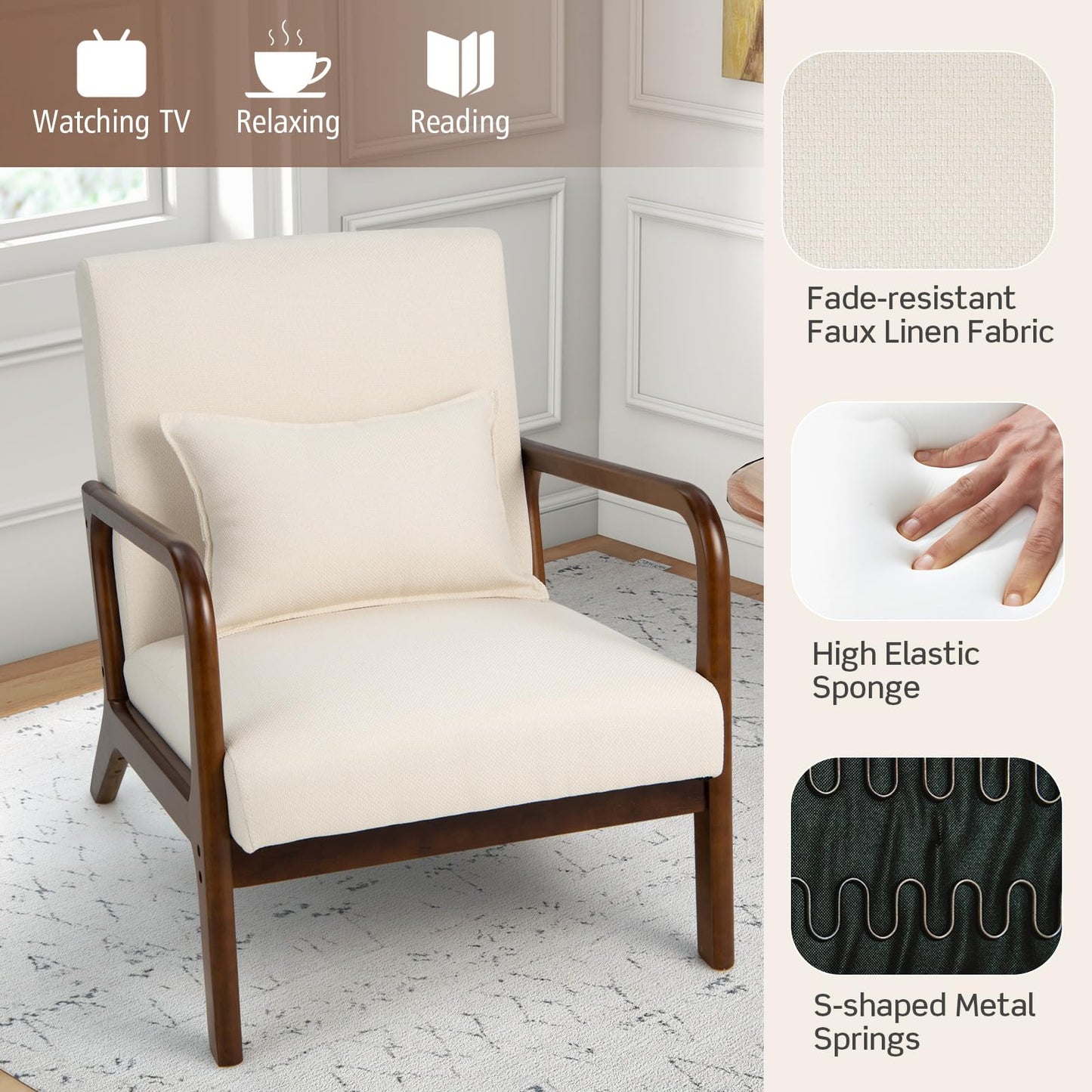 Modern Accent Chair with Lumbar Pillow and Rubber Wood Frame