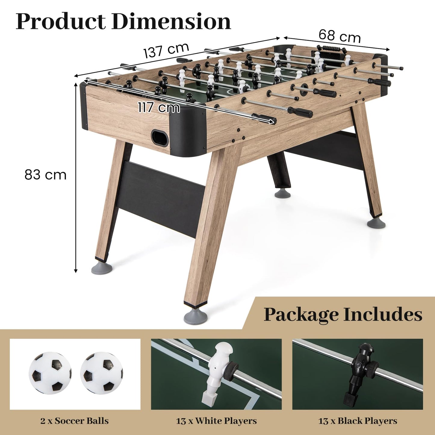 137cm Foosball Table Arcade Soccer Game Table with 2 Balls and 26 Players