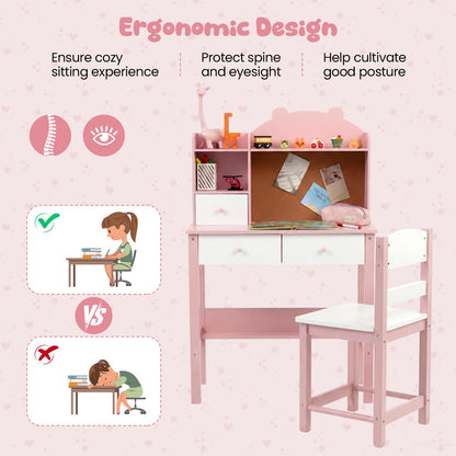 Kids Desk and Chair Set, Wooden Student Study Table with Drawers