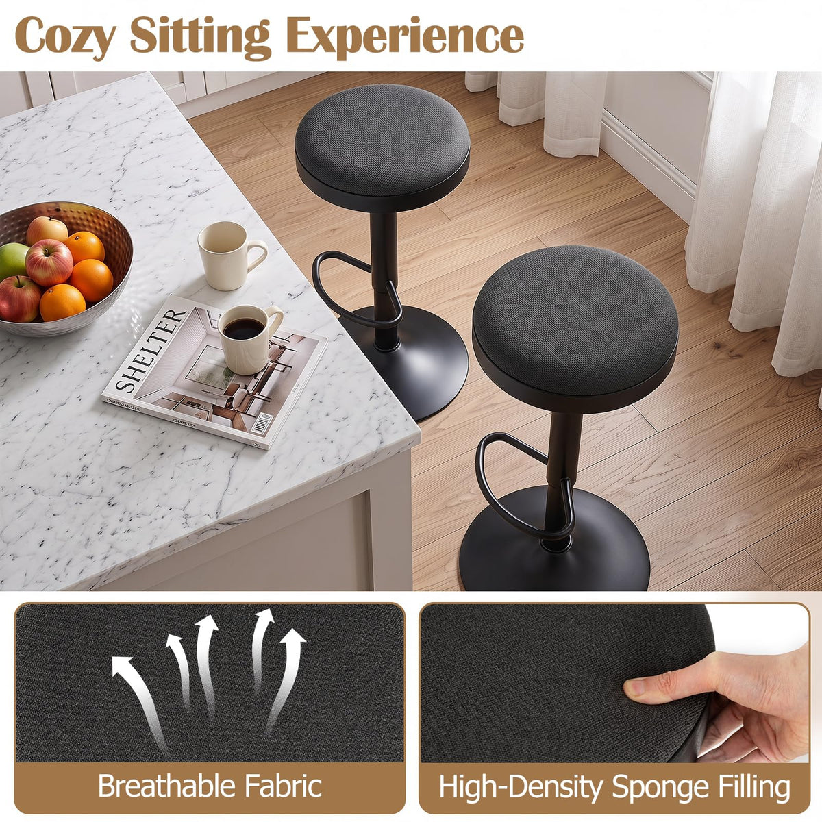 Bar Stools Set of 1 with Fabric Padded Seat & Adjustable Height