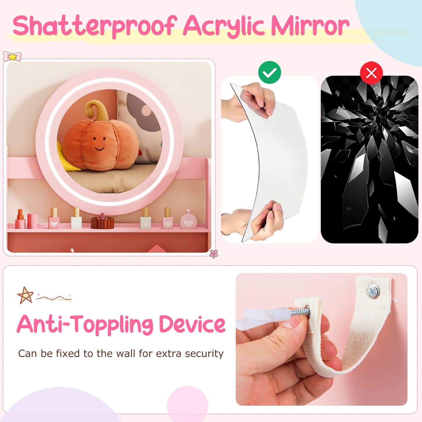 Kids Dressing Table, Girls Vanity Set with Lighted Mirror