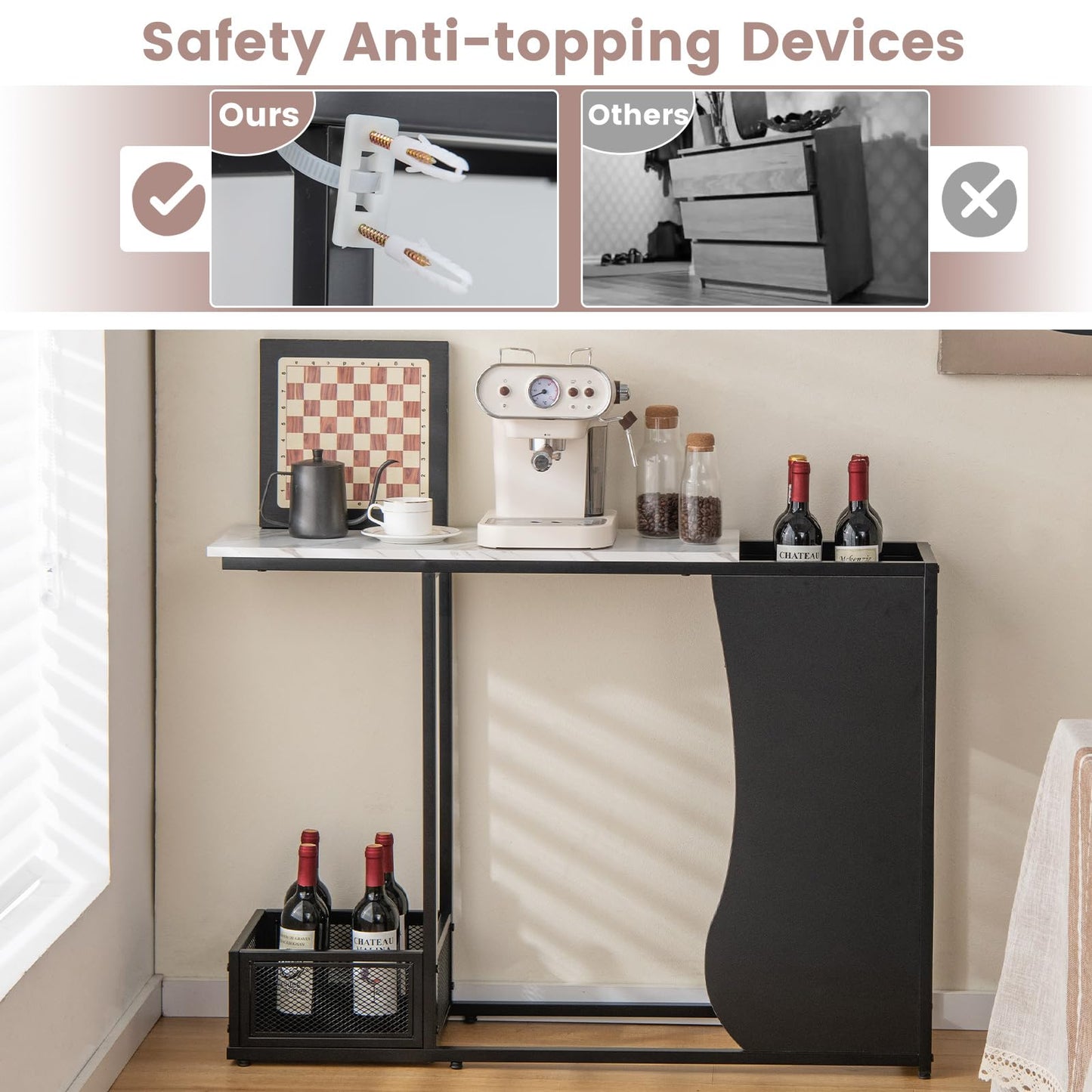 Modern Sofa Accent Console Table with 2 Storage Mesh Cubes