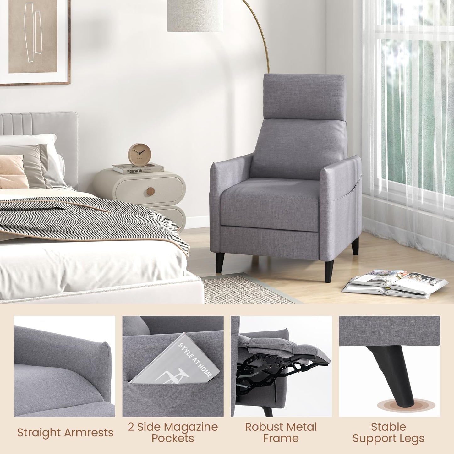 Linen Fabric Push Back Recliner Armchair with Adjustable Backrest and Footrest