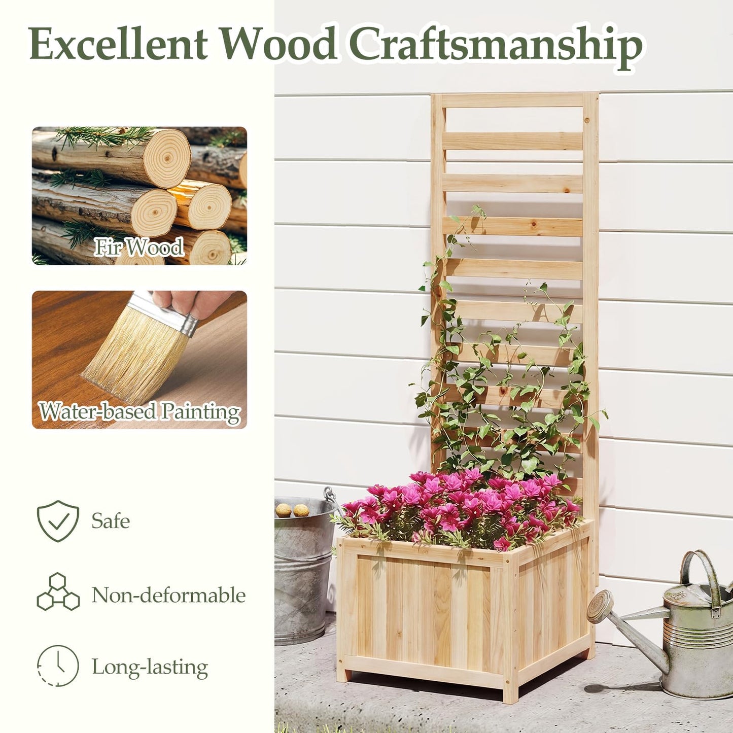 Wooden Planter with Trellis, Raised Garden Bed with Drainage Holes