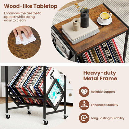 Record Player Stand, Rolling Turntable Stand End Sofa Side Table with Vinyl Shelf