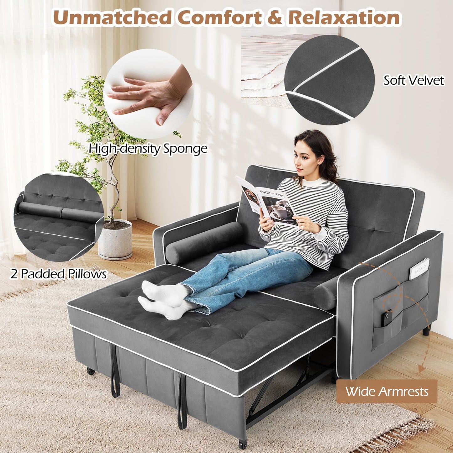 2-Seater Convertible Pull Out Sofa Bed with Adjustable Backrest and Pillows