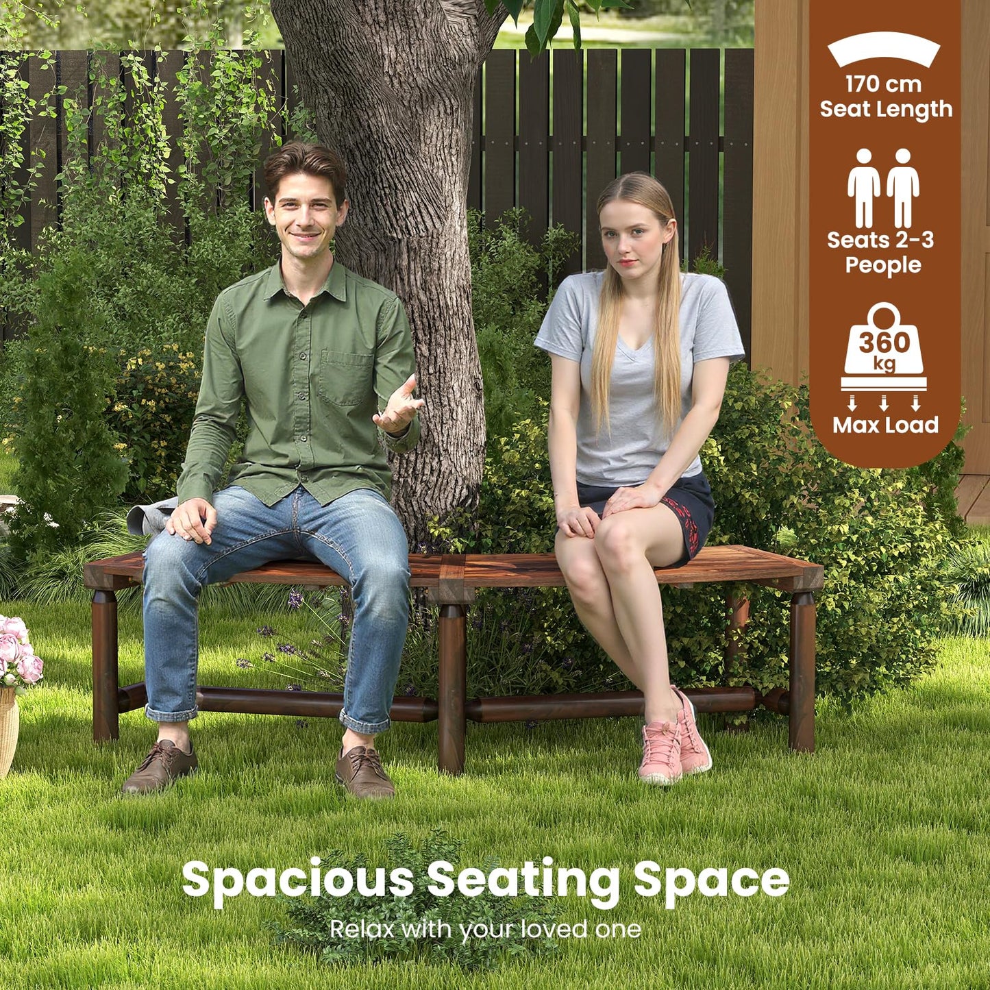 2-3 People Garden Bench, Wooden Curved Fire Pit Bench, Outdoor Loveseat Leisure Porch Seating