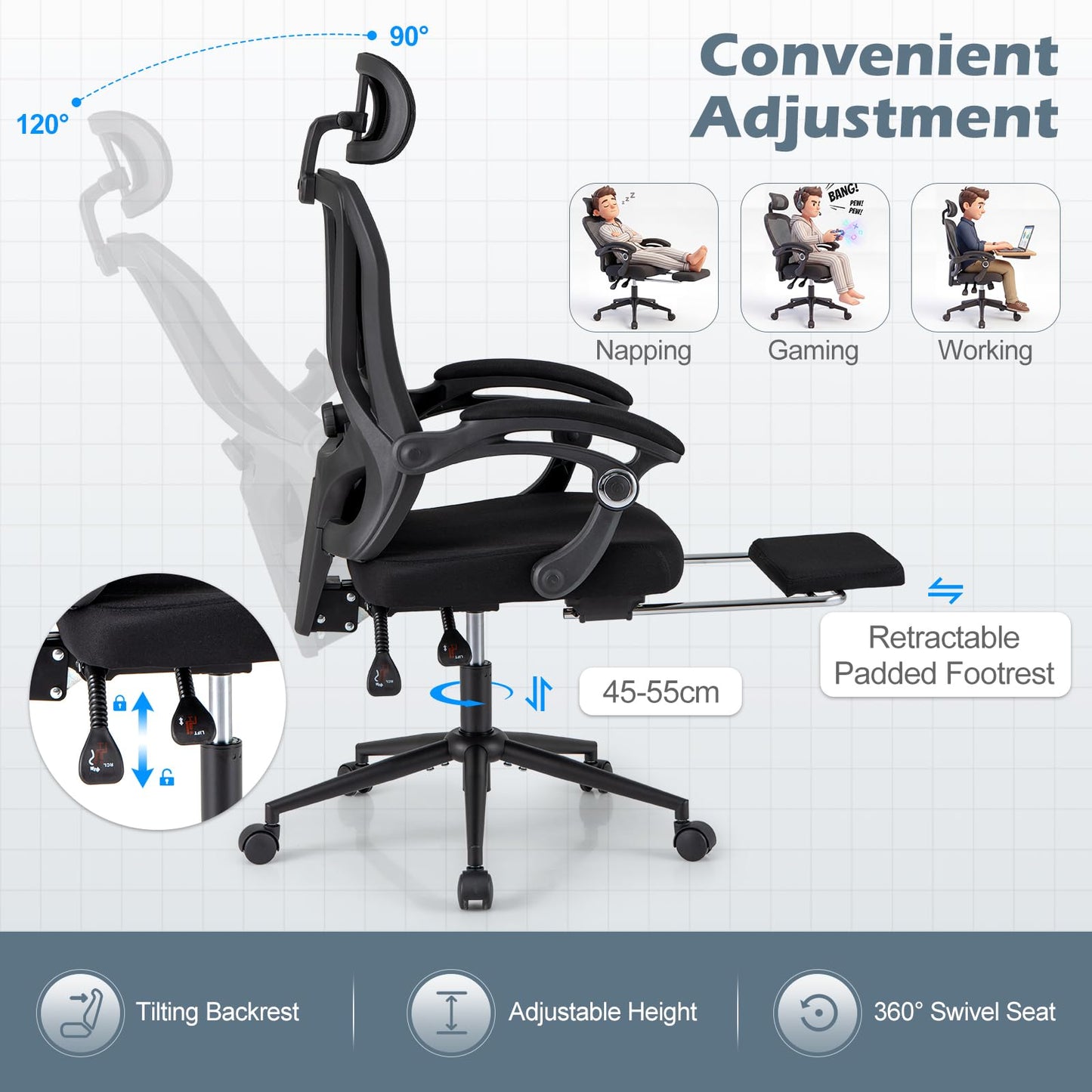 Ergonomic Mesh Office Chair with 2D Headrest and Retractable Footrest