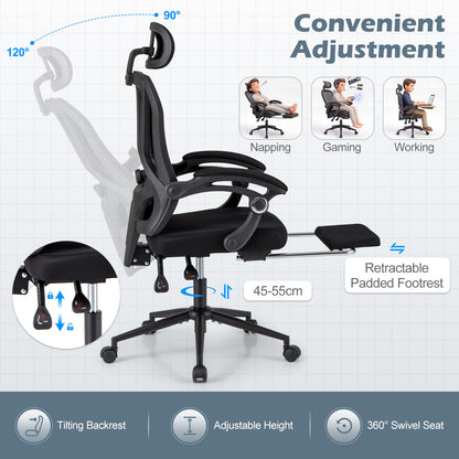 Ergonomic Mesh Office Chair with 2D Headrest and Retractable Footrest