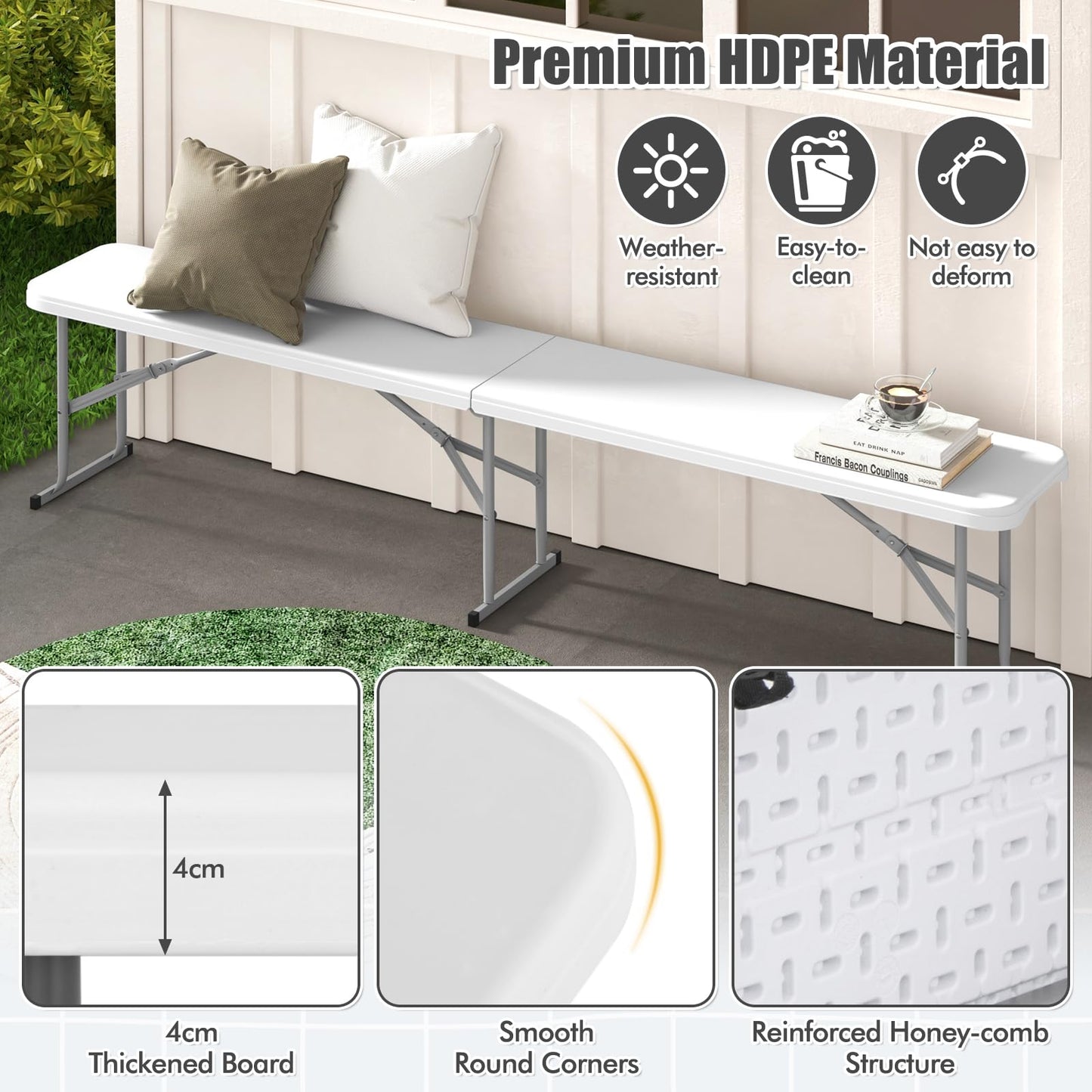 182 cm Portable Folding Plastic Bench Seat with Carry Handle