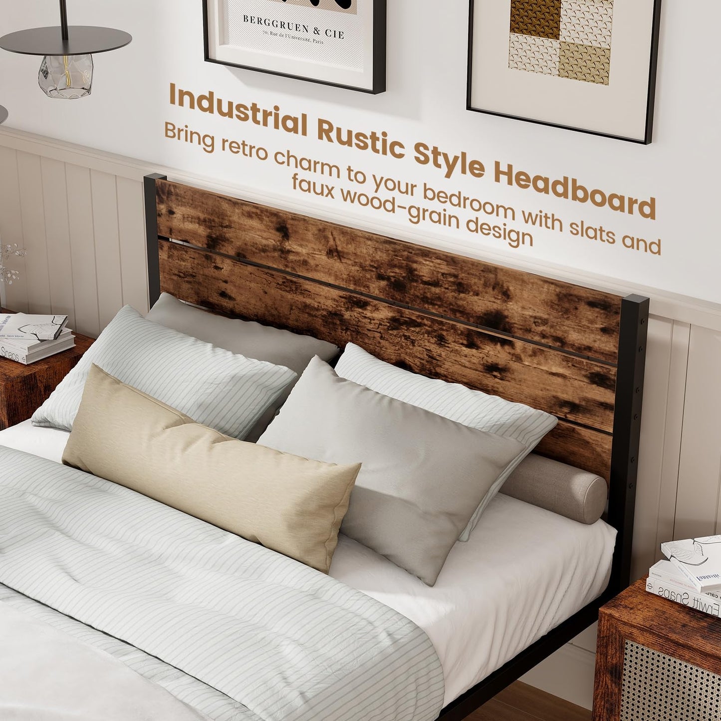 4FT6 Industrial Metal Platform Bed Frame with Wood Headboard & Underbed Storage