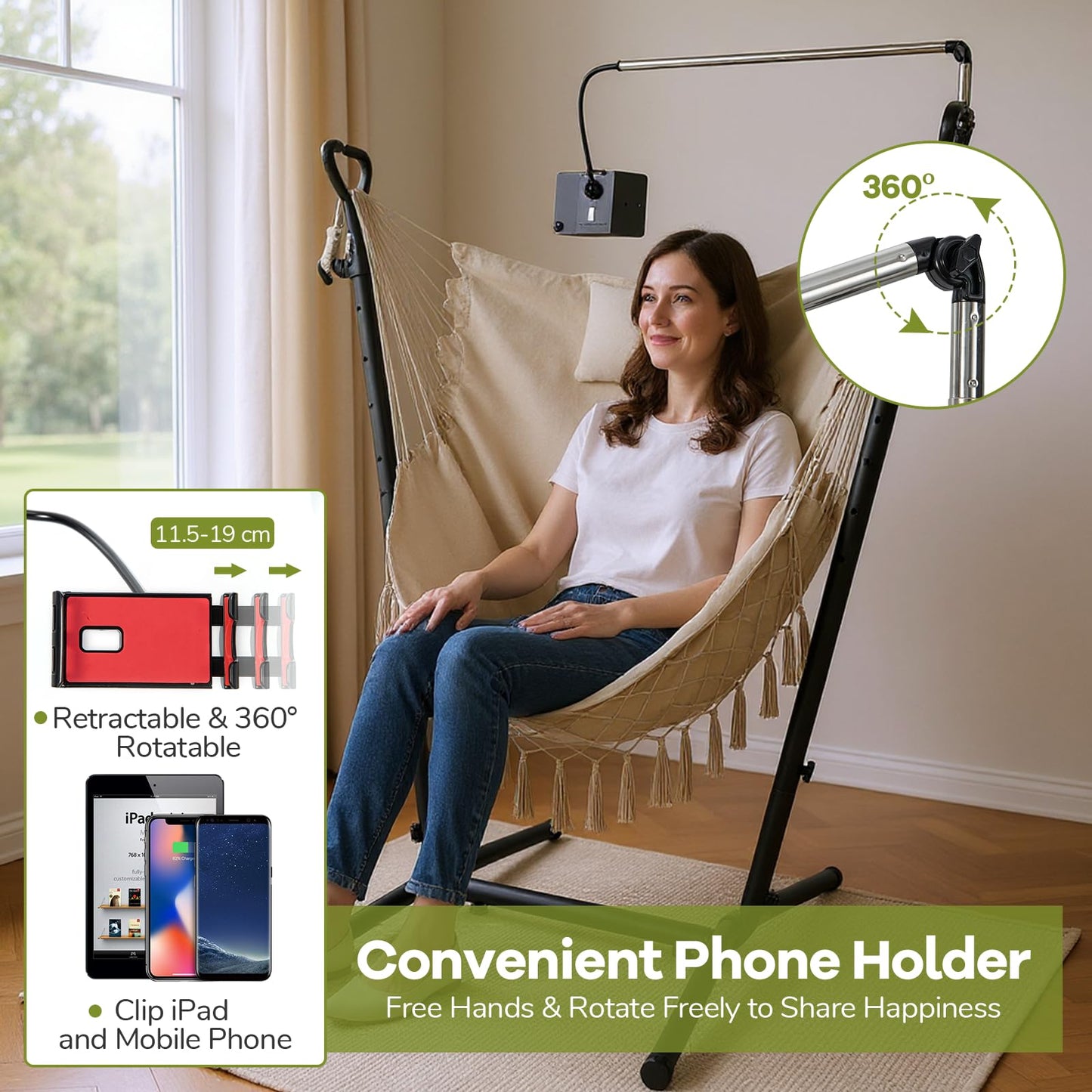 Hammock Chair with Stand and Phone Holder, 6-Level Height Adjustable Patio Swing Hammock