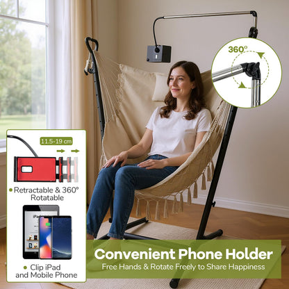 Hammock Chair with Stand and Phone Holder, 6-Level Height Adjustable Patio Swing Hammock