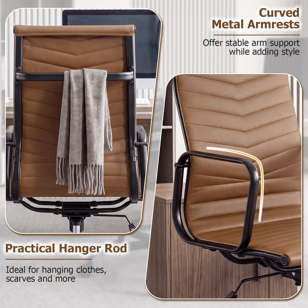Ribbed Office Chair High Back PU Leather for Home Office with Adjustable Height