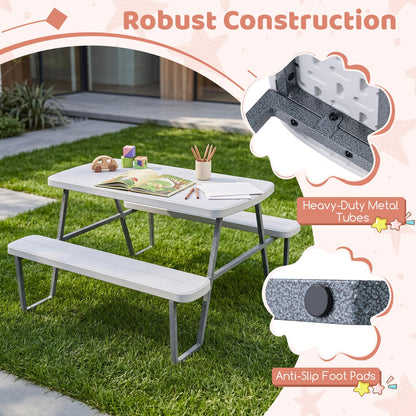 Camping Table and Chairs with Umbrella Hole and Metal Frame for Boys Girls Ages 3-8