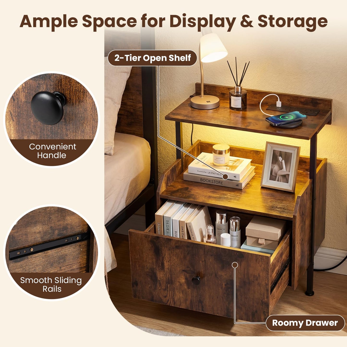 Nightstand Bedside Table with Charging Station and LED Light