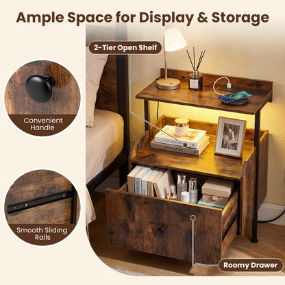 Nightstand Bedside Table with Charging Station and LED Light