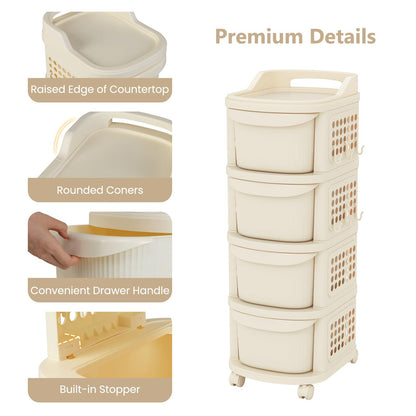 4-Drawer Rolling Plastic Utility Cart with 6 Hooks and Pegboard