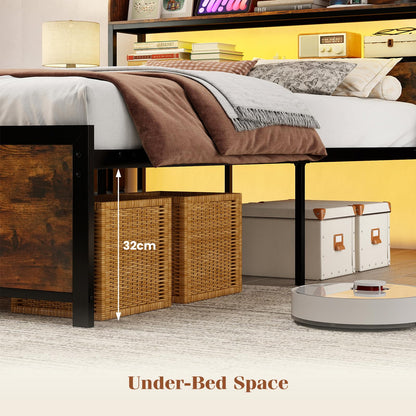 Double Bed Frame with LED Lights and Power Outlets with Storage Headboard