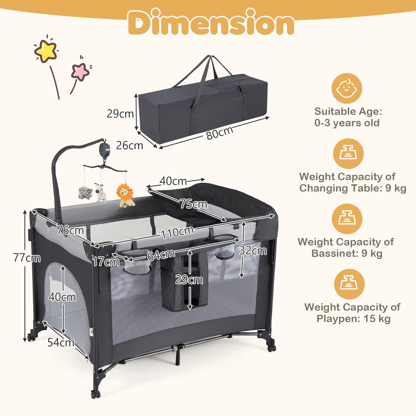 5 in 1 Baby Travel Cot, Portable Baby Crib Bassinet