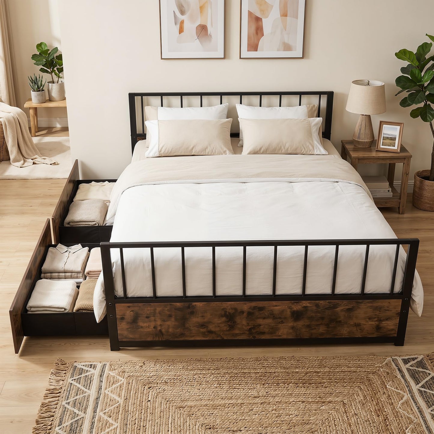 4FT6 Double Metal Bed Frame with 2 Storage Drawers, Headboard & Footboard