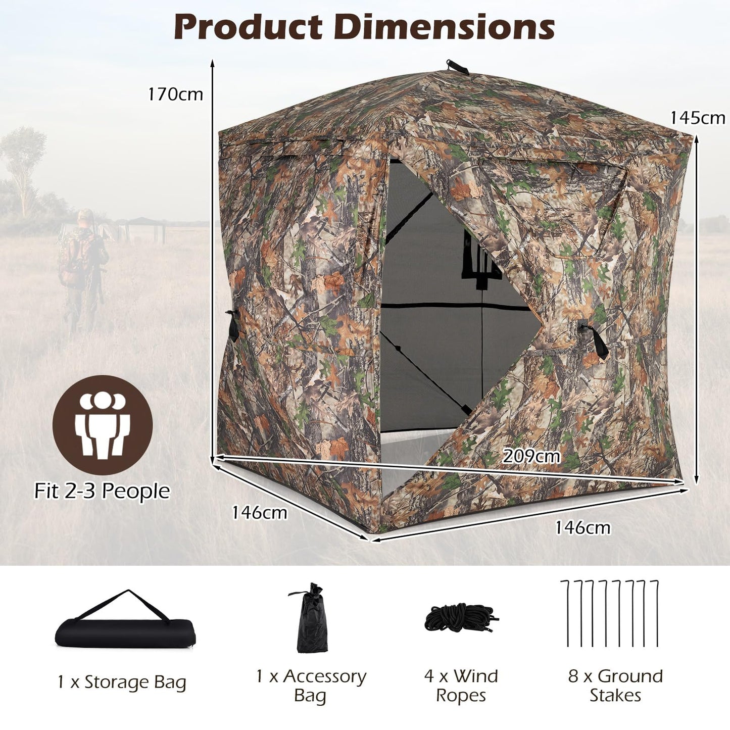 Pop Up Hunting Blind, Camouflage Ground Tent with Carrying Bag