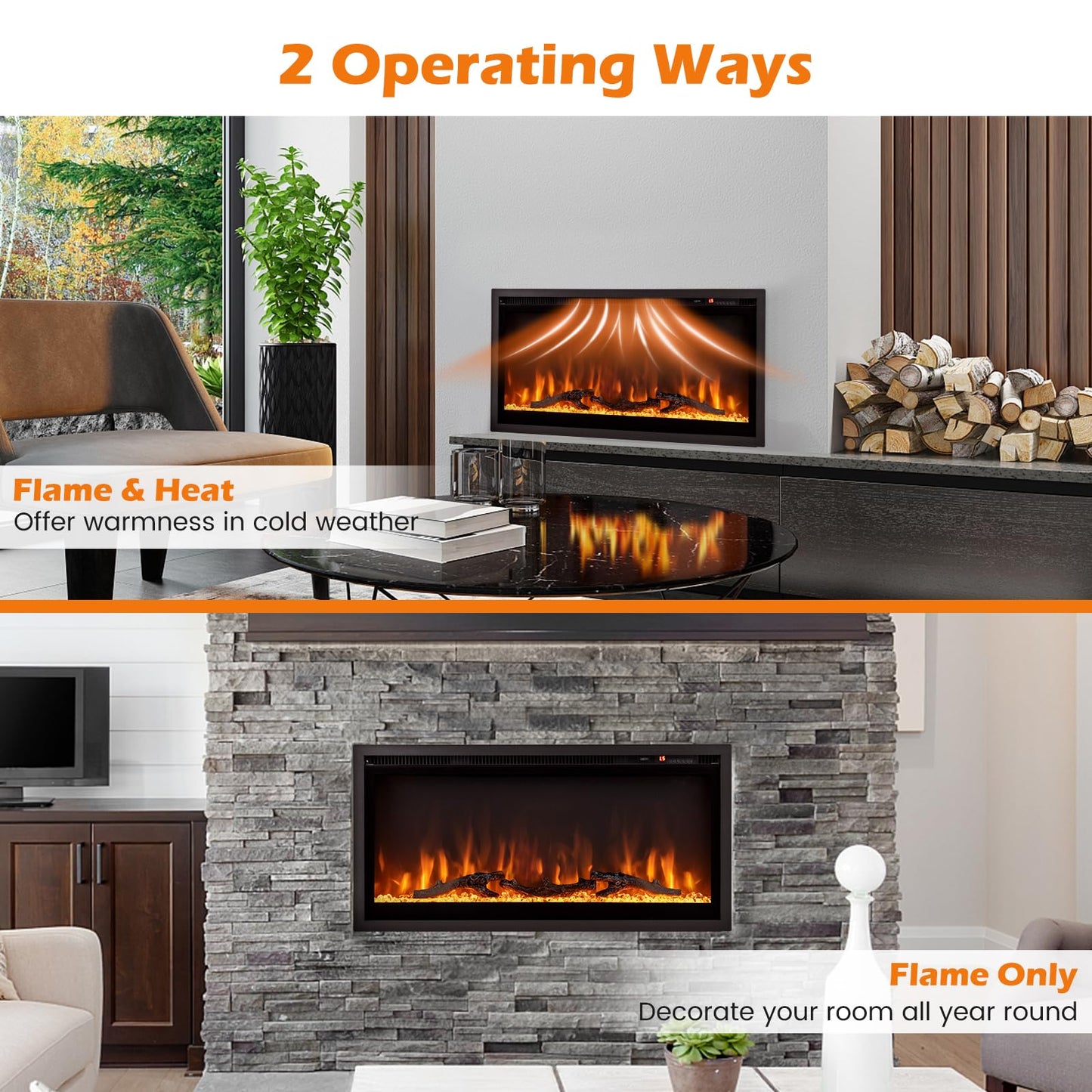 Linear Electric Fireplace with Log and Crystal Decor and Remote Contro