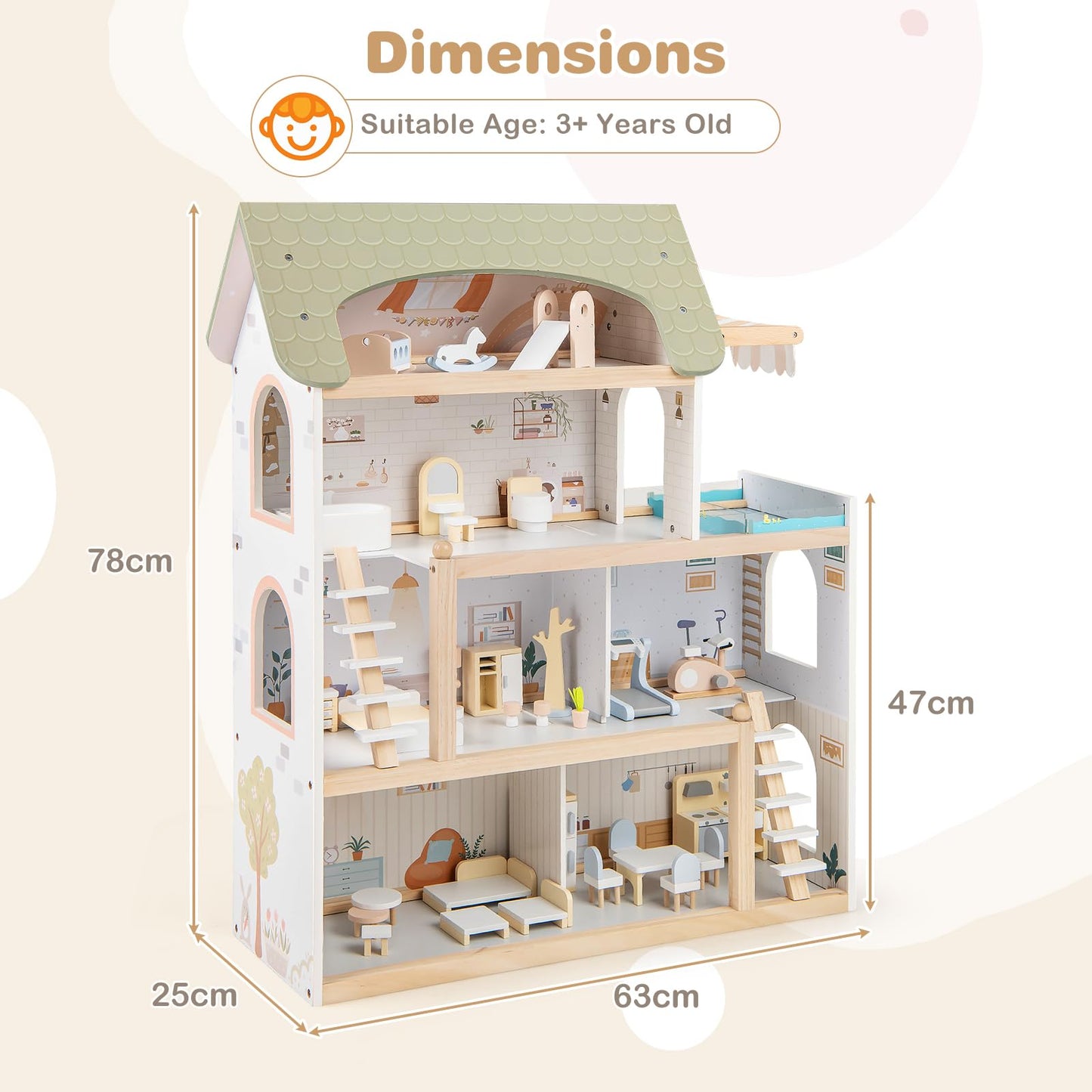 Wooden Dollhouse with 33 PCS Furniture Accessories for Girls and Boys