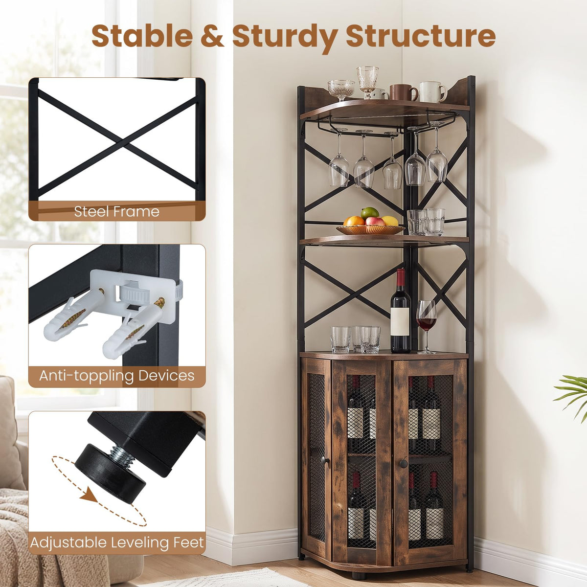 Corner Bar Cabinet with LED Lights Power Outlet and Glass Holder Storage Shelves