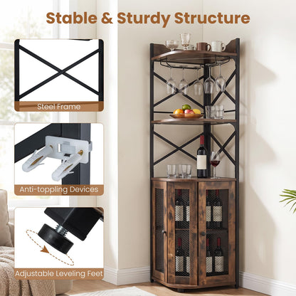 Corner Bar Cabinet with LED Lights Power Outlet and Glass Holder Storage Shelves