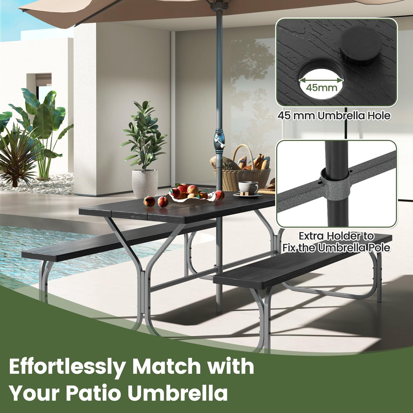 8 Seater Outdoor Heavy Duty Picnic Table and Bench Set with Umbrella Hole