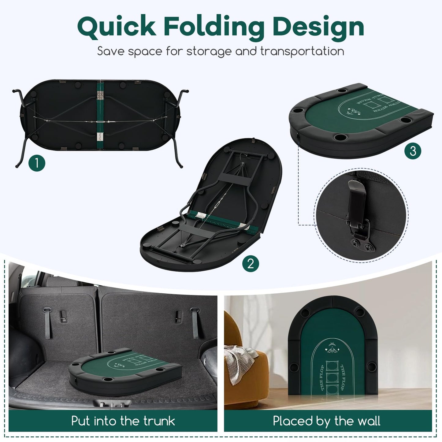 Foldable Poker Table for 8 Players Portable Oval Card Board with Cup Holders